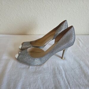 Kelly & Katie Jubilee3 Silver Glitter Peep Toe d'Orsay Stiletto Heels Pumps 10M